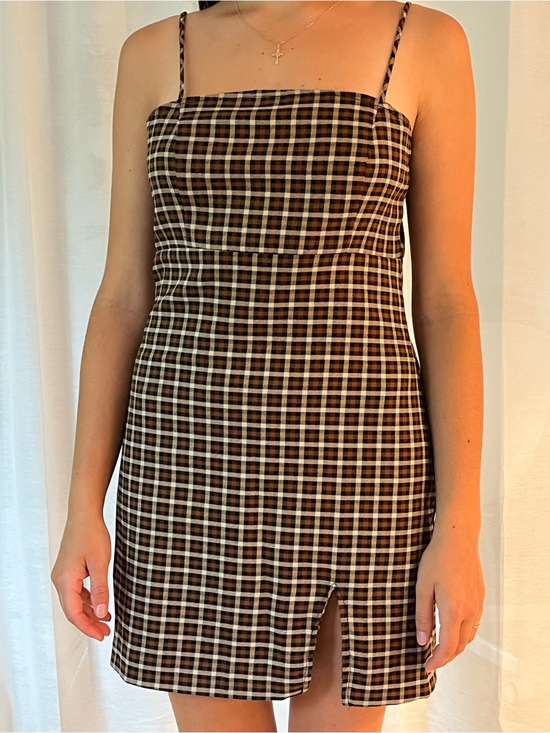 Simons Dresses & Skirts - Simons Brown Plaid Mini Slip Dress with Front Slit